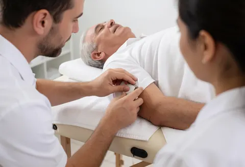 A physical therapist performing manual therapy on a senior client lying on a treatment bed in a clinic setting