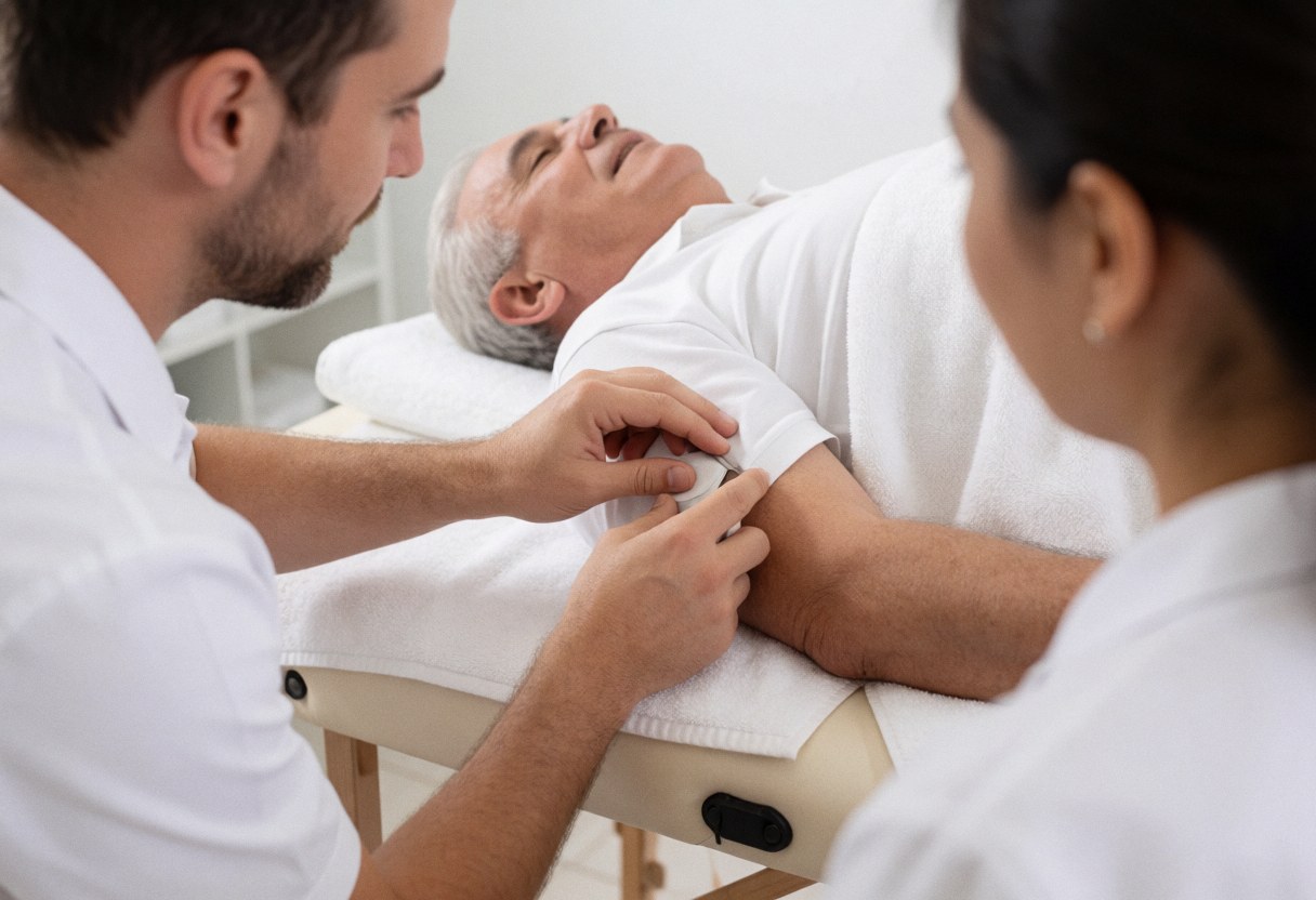 A physical therapist performing manual therapy on a senior client lying on a treatment bed in a clinic setting