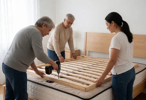 Three individuals work together to assemble a wooden bed frame in a room, with one using a drill and others holding the structure.