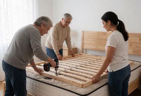 Three individuals work together to assemble a wooden bed frame in a room, with one using a drill and others holding the structure.