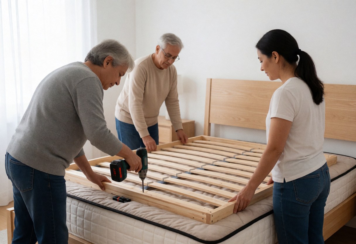 Three individuals work together to assemble a wooden bed frame in a room, with one using a drill and others holding the structure.