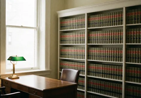 Law office interior featuring a bookshelf filled with legal books, a wooden desk, leather chair, and bronze lamp with natural light from a window.