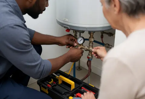 A professional plumber performing maintenance on a residential water heater, using tools to inspect and repair the plumbing system.