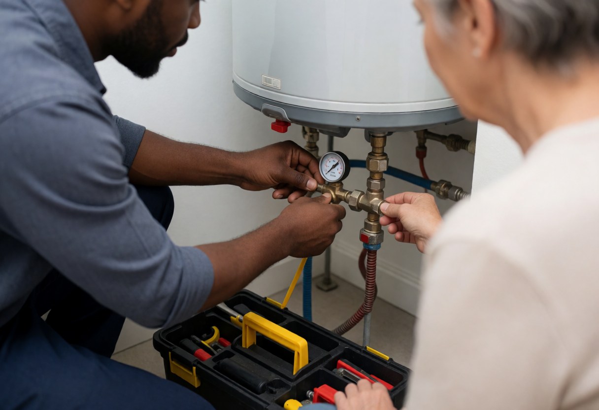 A professional plumber performing maintenance on a residential water heater, using tools to inspect and repair the plumbing system.