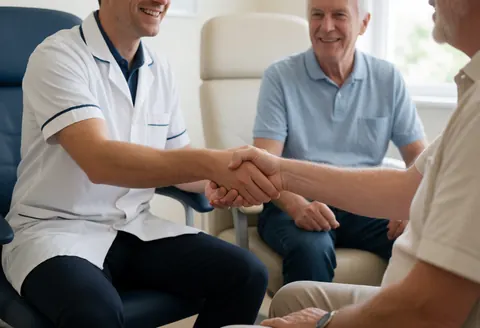 A medical professional in a clinical setting providing attentive care and consultation to a seated patient, emphasizing trust and professional service in a healthcare environment.