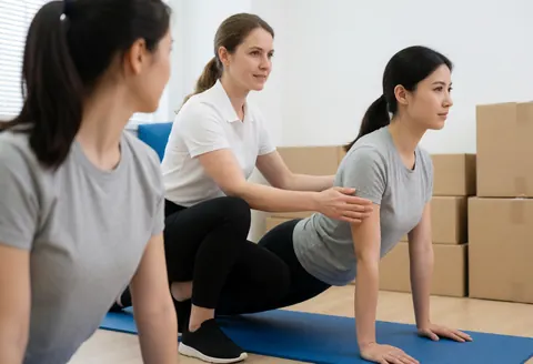 A pilates instructor guides a client on a blue mat while another person observes from the left in a corporate wellness space with wooden boxes in the background.