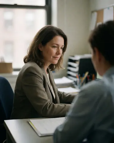 A female security manager sits at a desk with documents and a computer, illuminated by natural window light in a calm professional office.