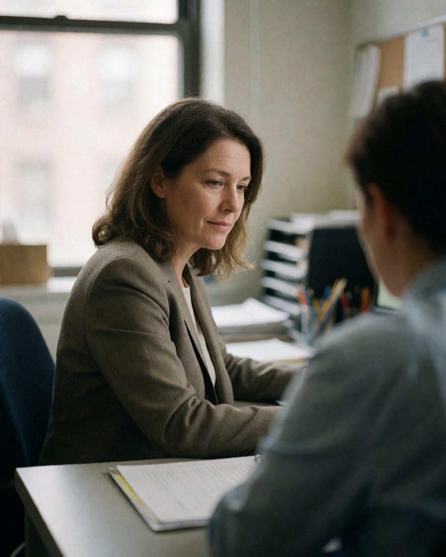 A female security manager sits at a desk with documents and a computer, illuminated by natural window light in a calm professional office.