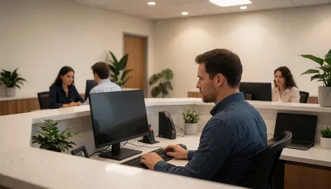 Modern insurance office reception area featuring staff working at computers, potted plants, and a clean professional environment suitable for corporate websites.
