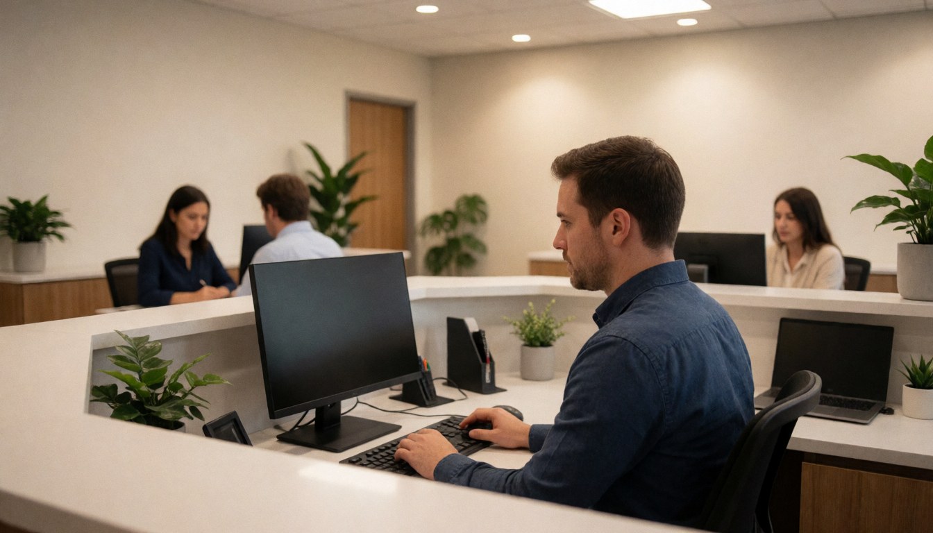 Modern insurance office reception area featuring staff working at computers, potted plants, and a clean professional environment suitable for corporate websites.