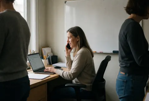 A woman handles a phone call while working on a laptop at her desk, with natural light from a window and two colleagues standing nearby.