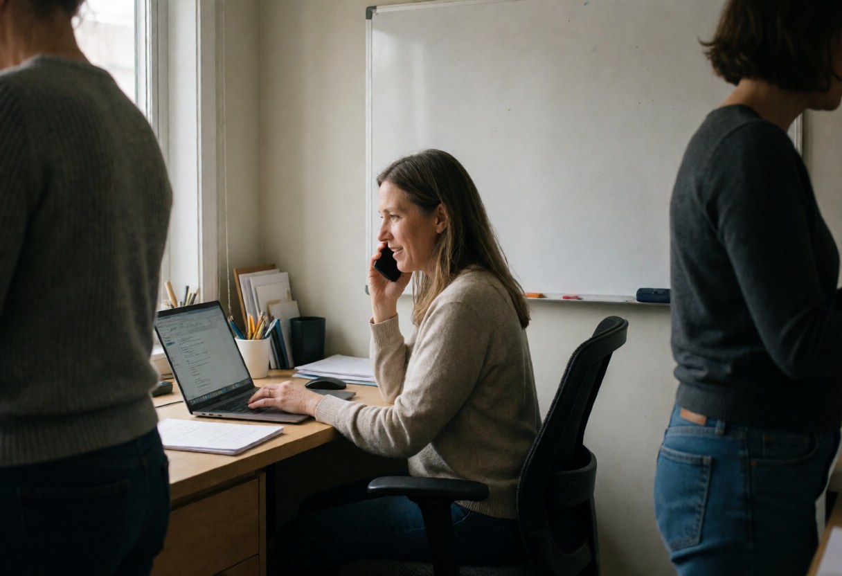 A woman handles a phone call while working on a laptop at her desk, with natural light from a window and two colleagues standing nearby.