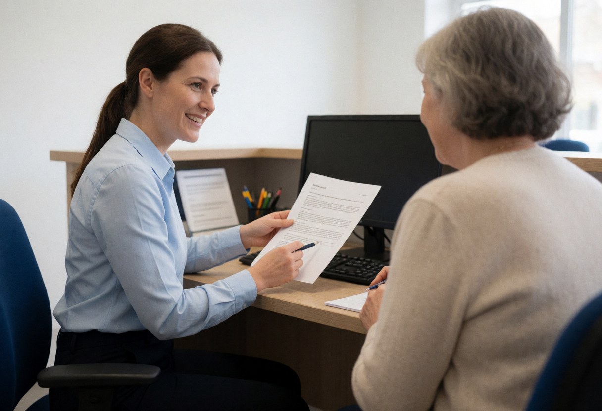 A receptionist explains a document to a seated client in a bright office, both smiling in a professional setting.