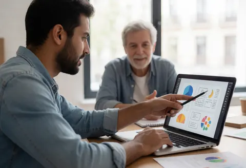 A graphic designer uses a laptop to explain charts to a client in a modern studio with natural light, showing a professional creative meeting.