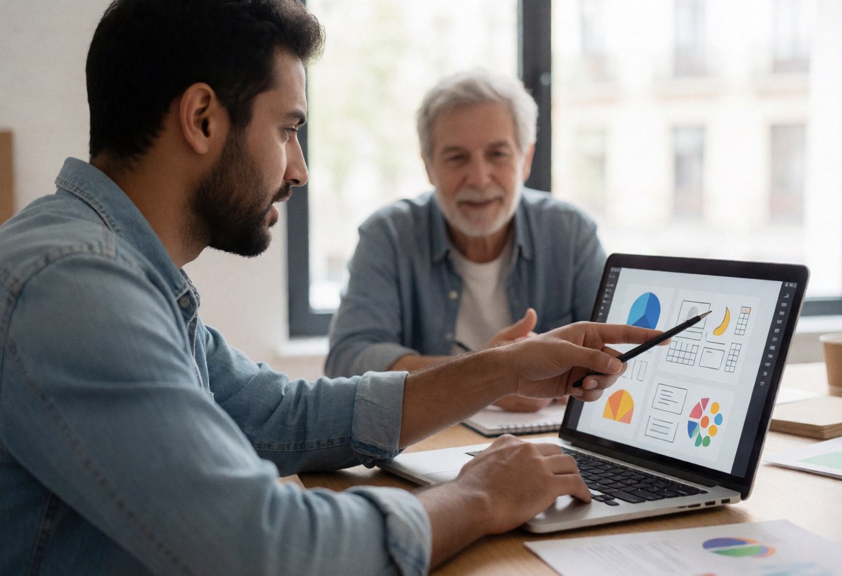 A graphic designer uses a laptop to explain charts to a client in a modern studio with natural light, showing a professional creative meeting.
