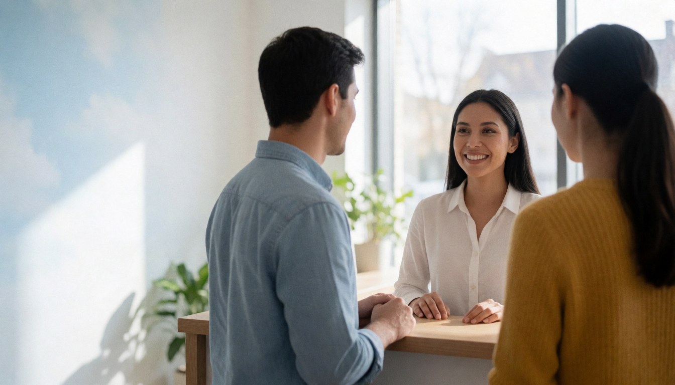 Modern reception area with three people, a smiling woman behind the counter, two clients conversing, natural light, plants, professional atmosphere