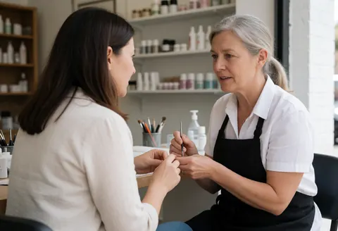A manicurist in a black apron works on a seated client's nails with visible tools and products in a bright salon.