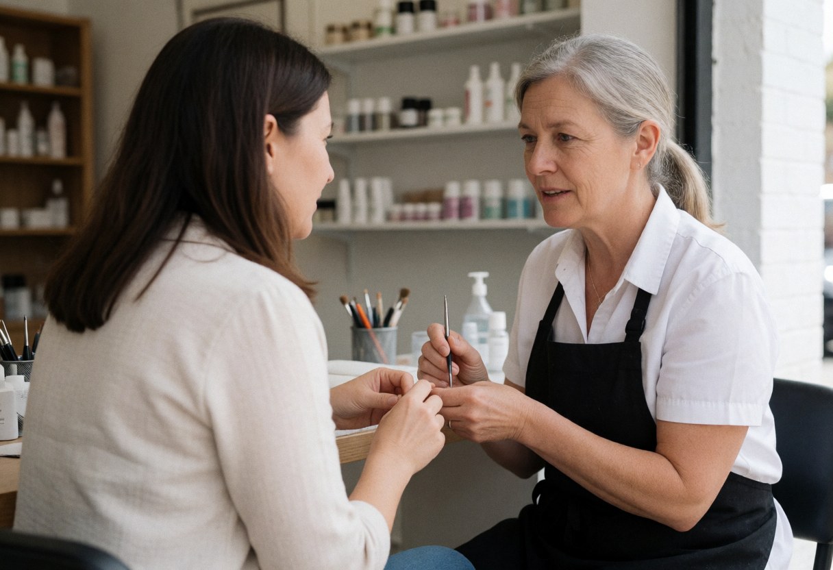 A manicurist in a black apron works on a seated client's nails with visible tools and products in a bright salon.