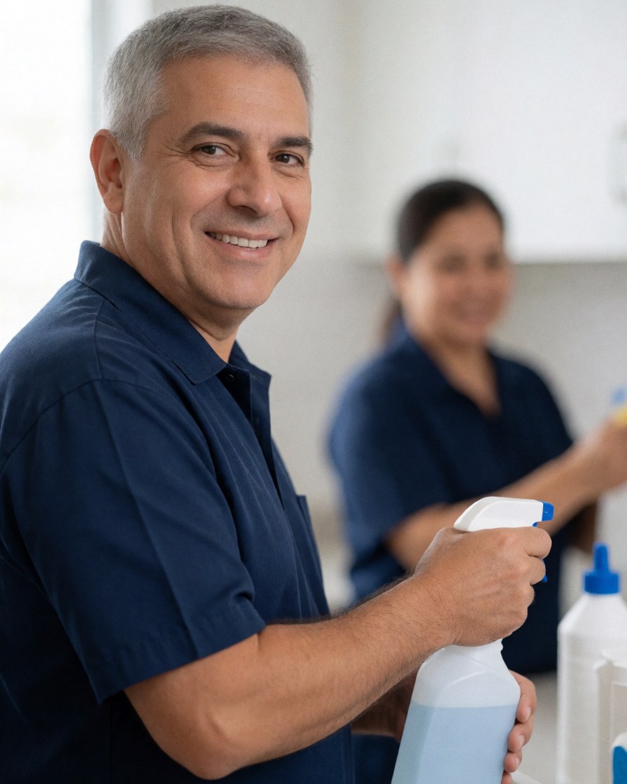 Smiling male cleaner in blue uniform holding a spray bottle, ready for professional cleaning services with a blurred background