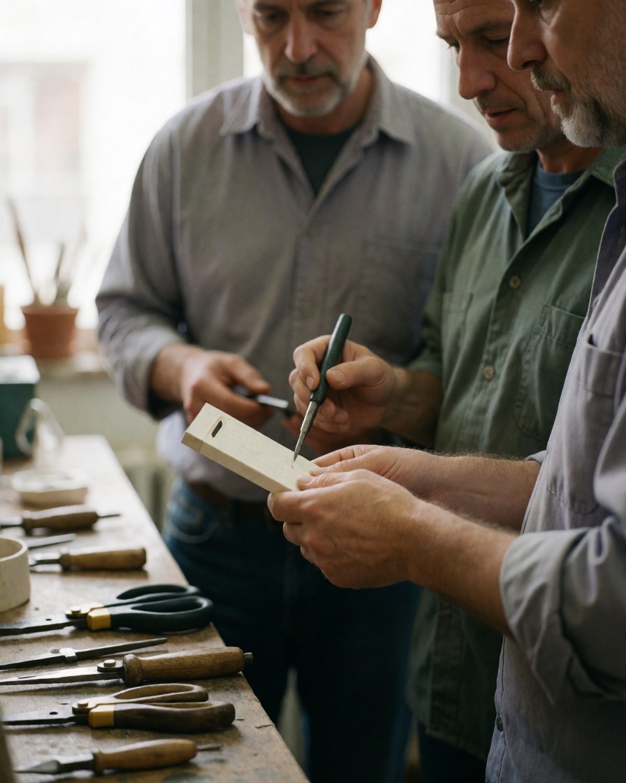 A team of professionals collaborating on a woodworking project in a well-lit workshop using hand tools.