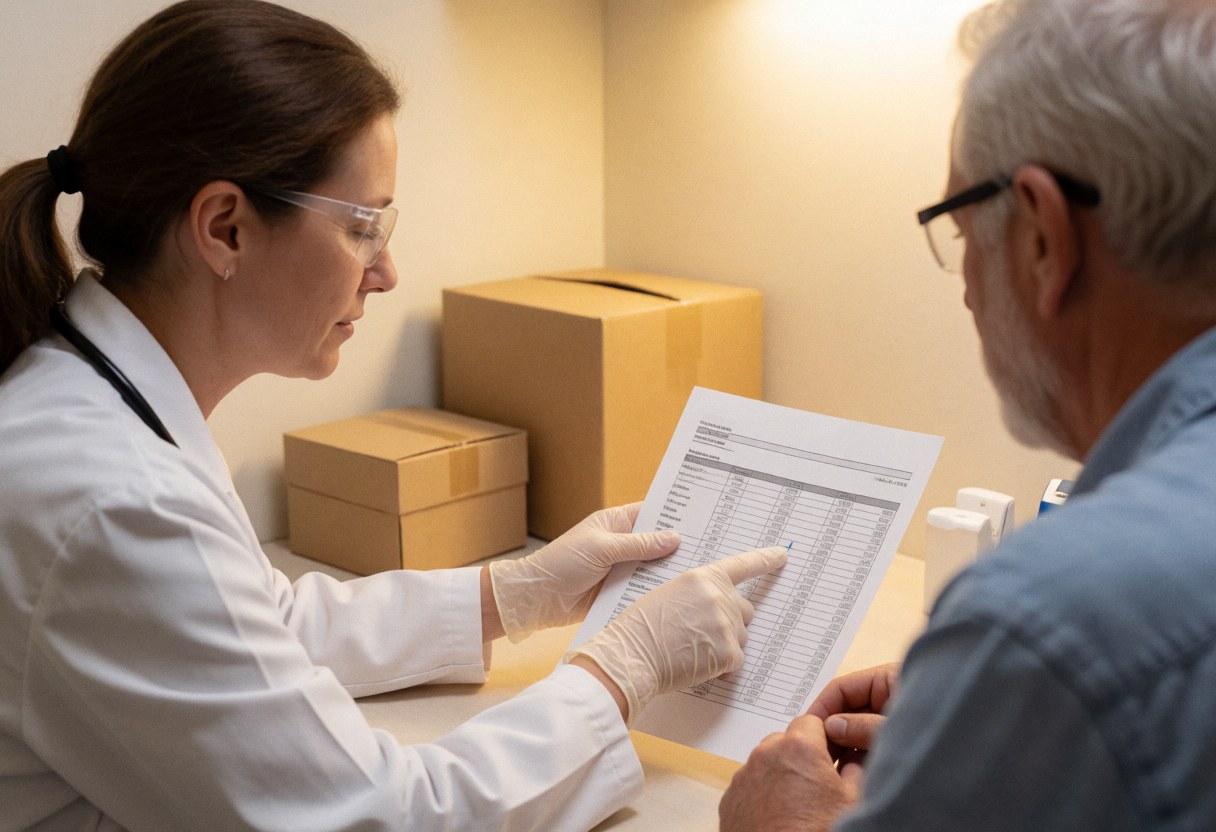 A female doctor wearing glasses and gloves reviews a medical report with an older patient in a calm, professional medical office setting.