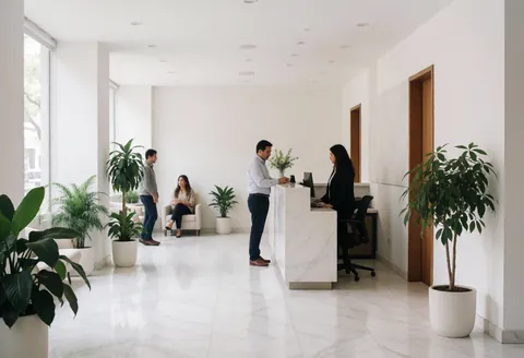 Modern law firm reception featuring a receptionist assisting a client, green plants, white marble floor, and a professional clean atmosphere.