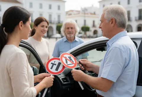 Driving school instructor teaching traffic sign rules to students in a parking lot with white buildings and a car in the background under sunlight