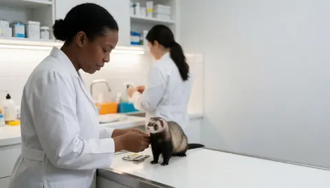 A veterinarian examines a ferret in a clean, well-lit clinic with medical tools and medicine shelves in the background.