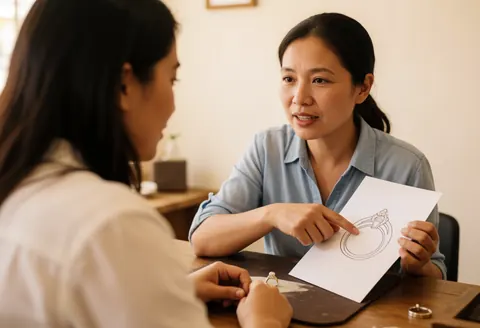 A jeweler presents a ring design sketch to a seated client at a work table in a warmly lit jewelry store.