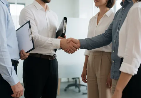 Professional lawyer shaking hands with a client in a modern office, with folders and a blurred background, depicting a legal agreement scene.