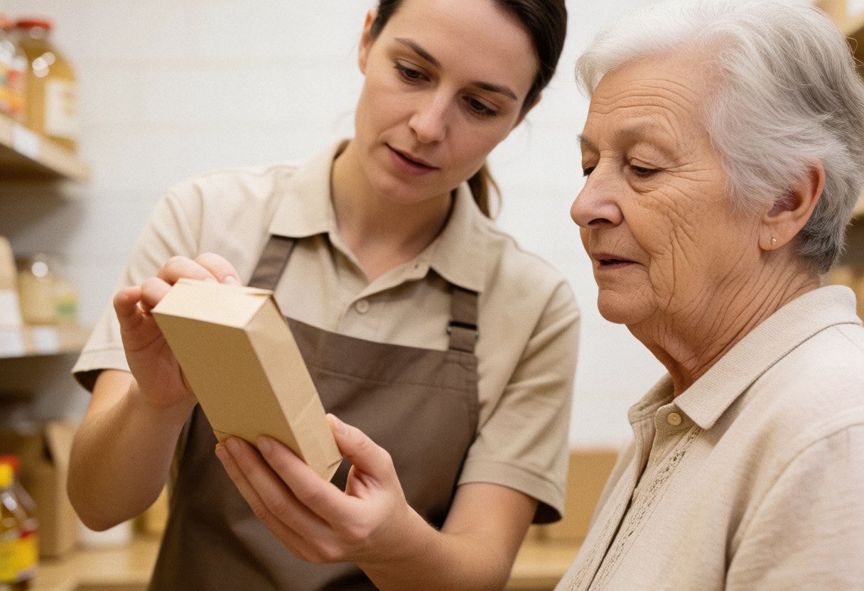 A female store clerk explains a product to an older customer in a grocery store, holding the item with a focused and caring expression.