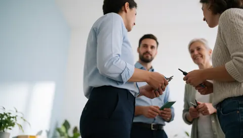A professional trainer stands in front of a group of attentive people during a business presentation or training session.