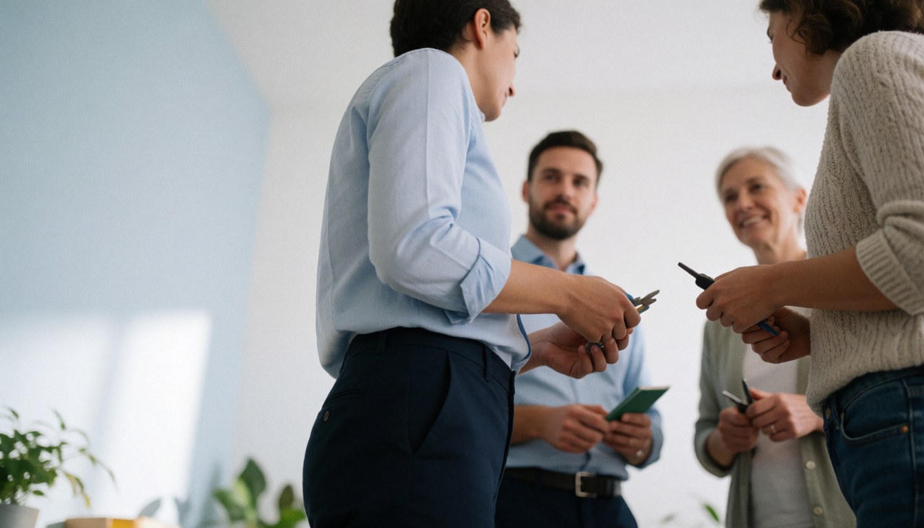 A professional trainer stands in front of a group of attentive people during a business presentation or training session.