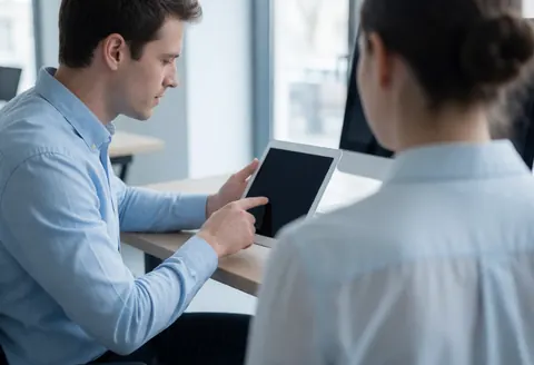 A customer service agent in a blue shirt explains information on a tablet to a client seated across a wooden desk in a bright office.