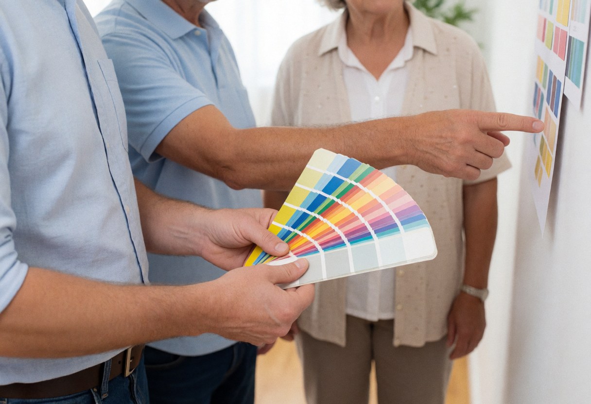 A professional painter shows color swatches to a happy customer for interior home decoration and wall painting decisions