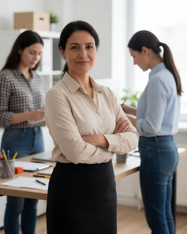 A female office manager stands with arms crossed looking at the camera while two employees work at desks in a bright modern workspace.