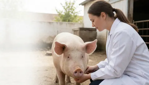 A female veterinarian examines a healthy pig in a rural field with natural light and agricultural buildings in the background.