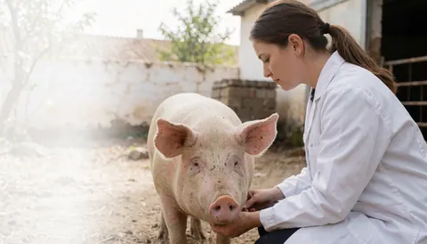 A female veterinarian examines a healthy pig in a rural field with natural light and agricultural buildings in the background.