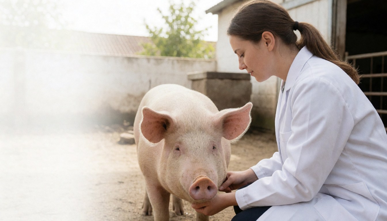 A female veterinarian examines a healthy pig in a rural field with natural light and agricultural buildings in the background.