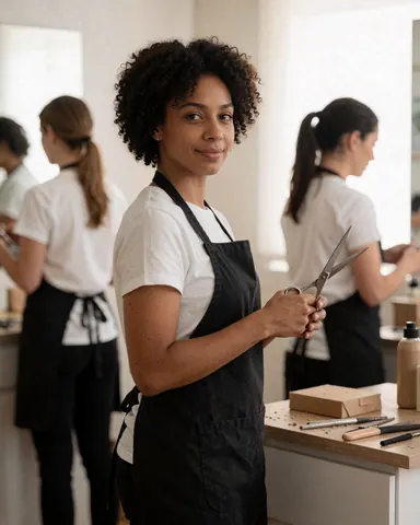 Female groomer holding scissors in a professional salon with colleagues working in the background