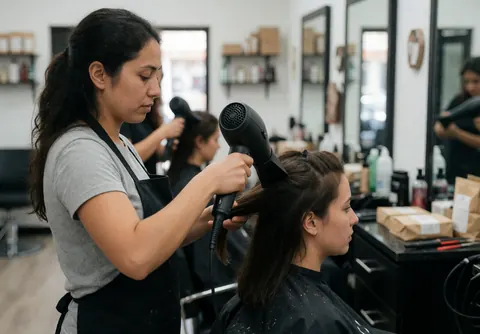 A hairdresser in a black apron uses a blow dryer on a seated client in a salon with mirrors and products visible in the background