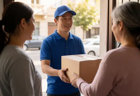 A delivery person hands a package to a customer at their front door on a sunny day with cars and trees in the background