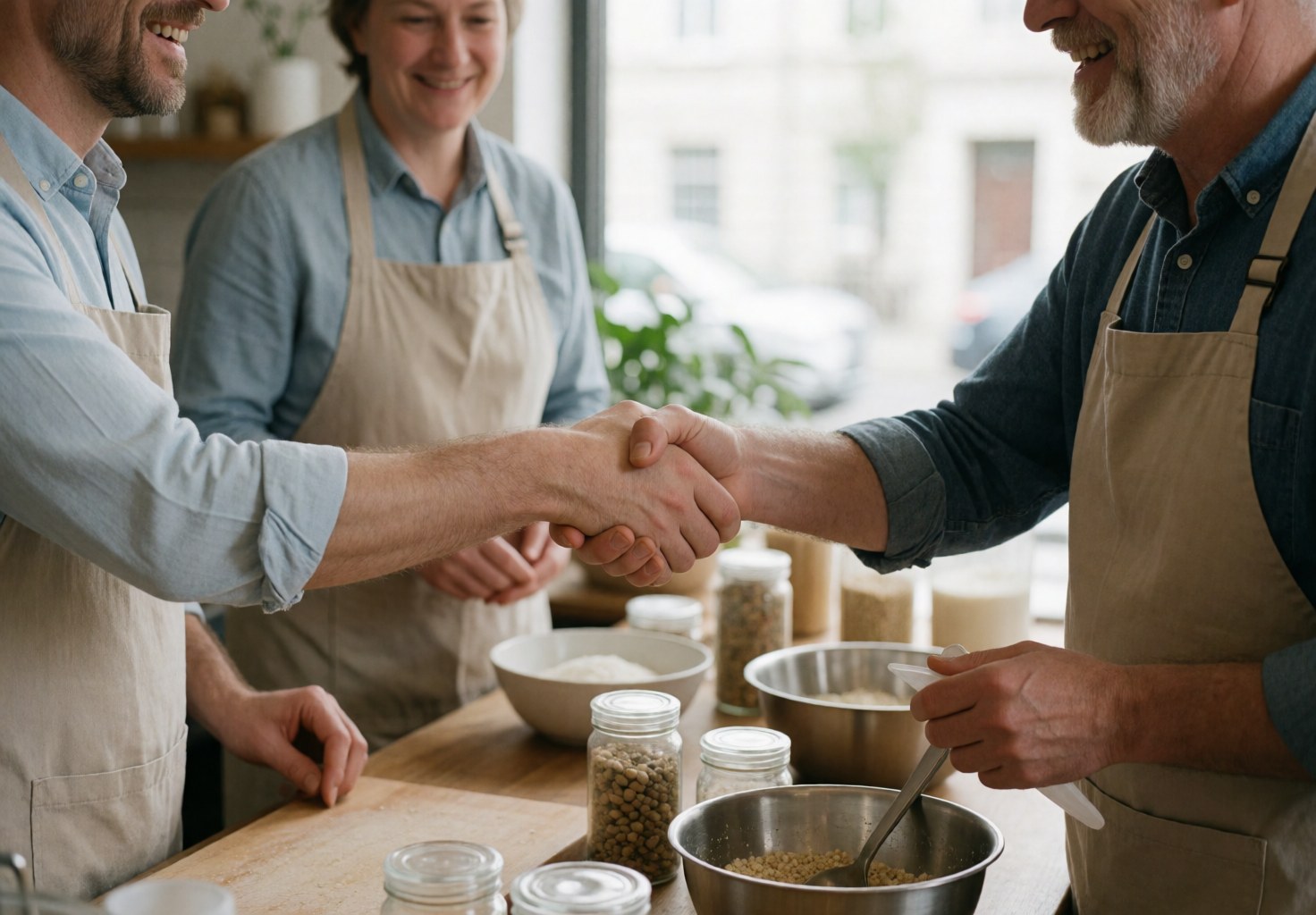 A professional man and woman shaking hands in a lobby surrounded by bags of healthy, organic, and dietary-specific food products.