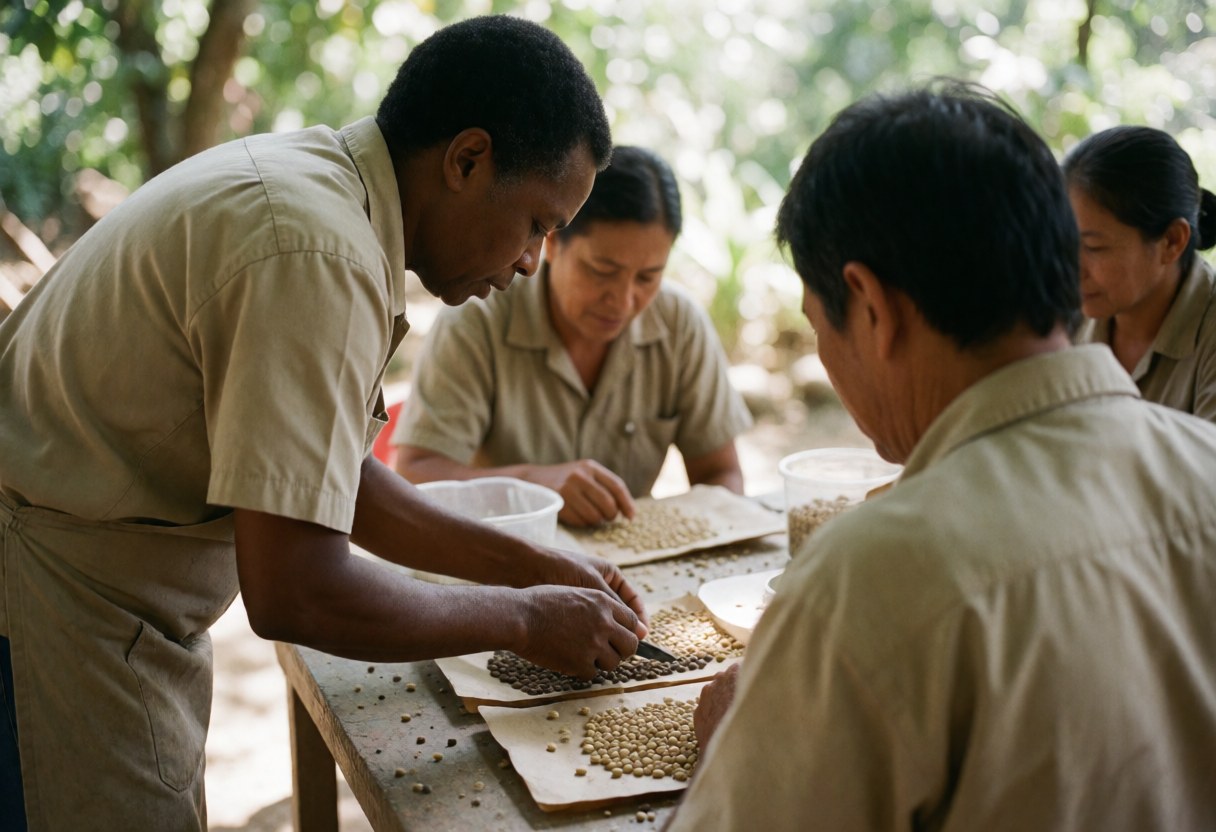 Workers inspecting and sorting coffee beans outdoors on a wooden table under dappled sunlight in a natural setting