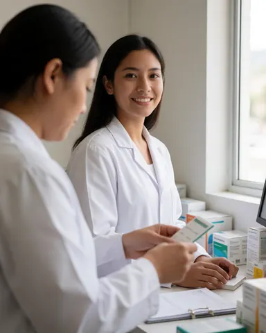 A pharmacist reviews a prescription while another hands over a medication box near a window with natural light