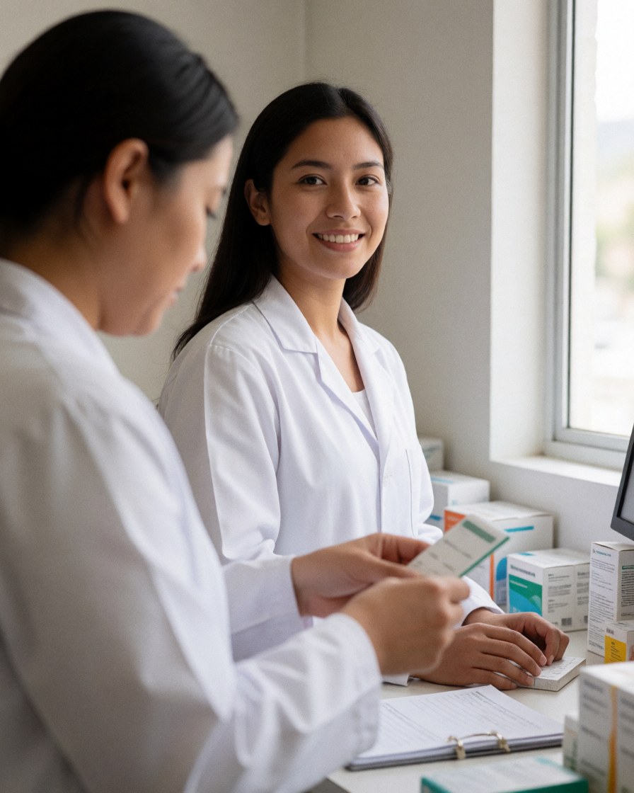 A pharmacist reviews a prescription while another hands over a medication box near a window with natural light