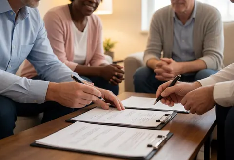 A couple sits at a desk reviewing financial documents while participating in a remote video consultation with their financial advisor.