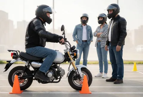 A student wearing a helmet and gloves practices motorcycle maneuvers between orange cones while three observers watch nearby in an outdoor practice area.