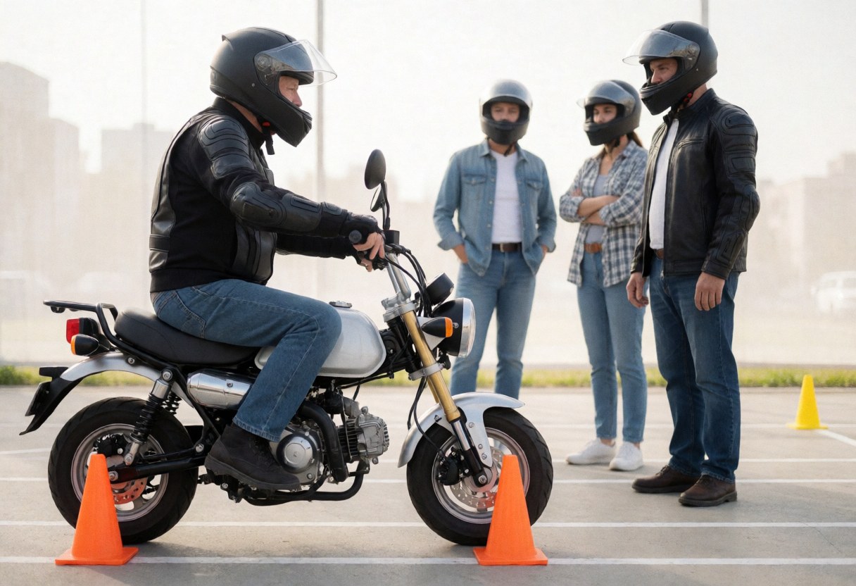 A student wearing a helmet and gloves practices motorcycle maneuvers between orange cones while three observers watch nearby in an outdoor practice area.
