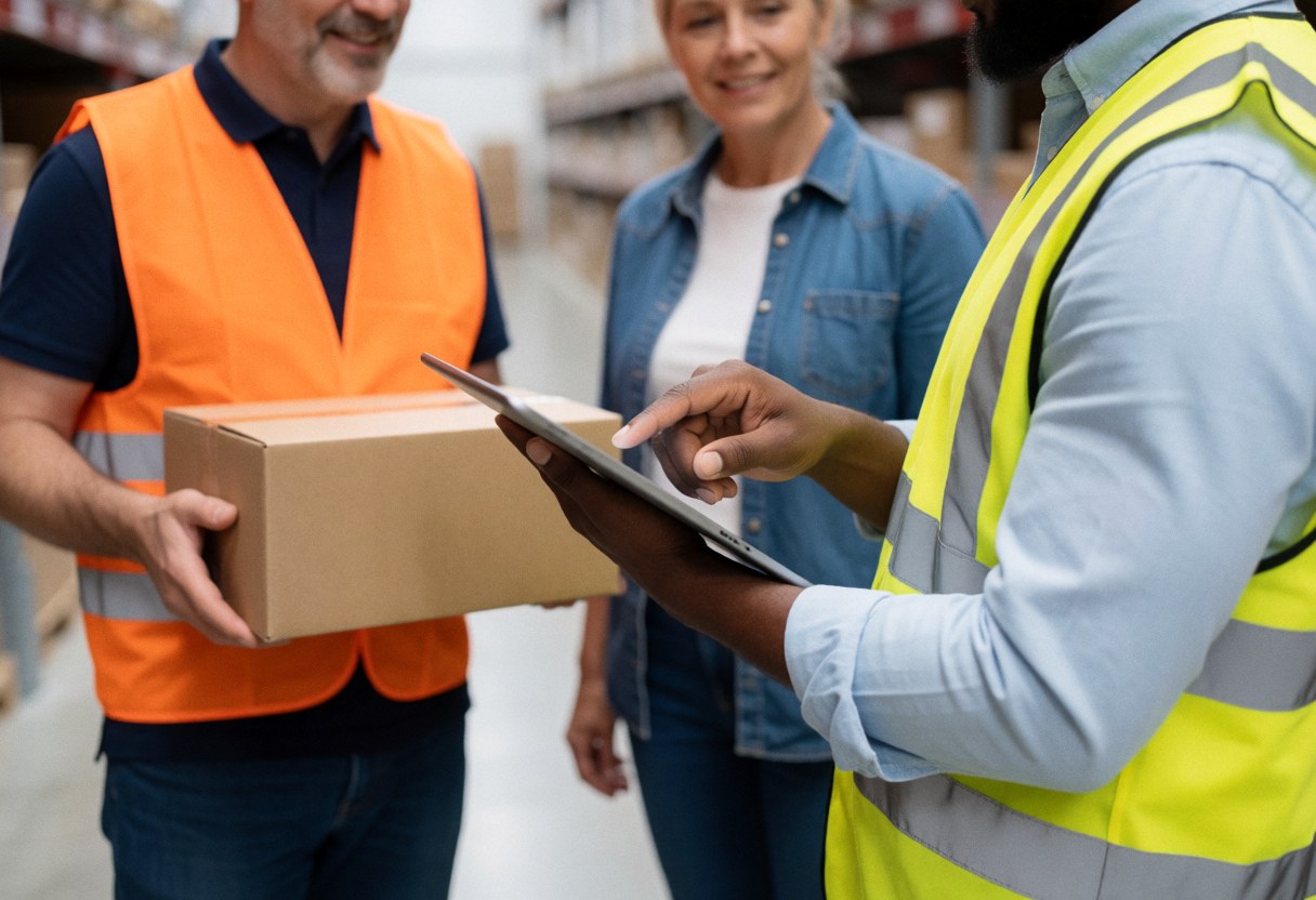 Three logistics workers in safety vests review a package using a tablet in a well-lit warehouse aisle.